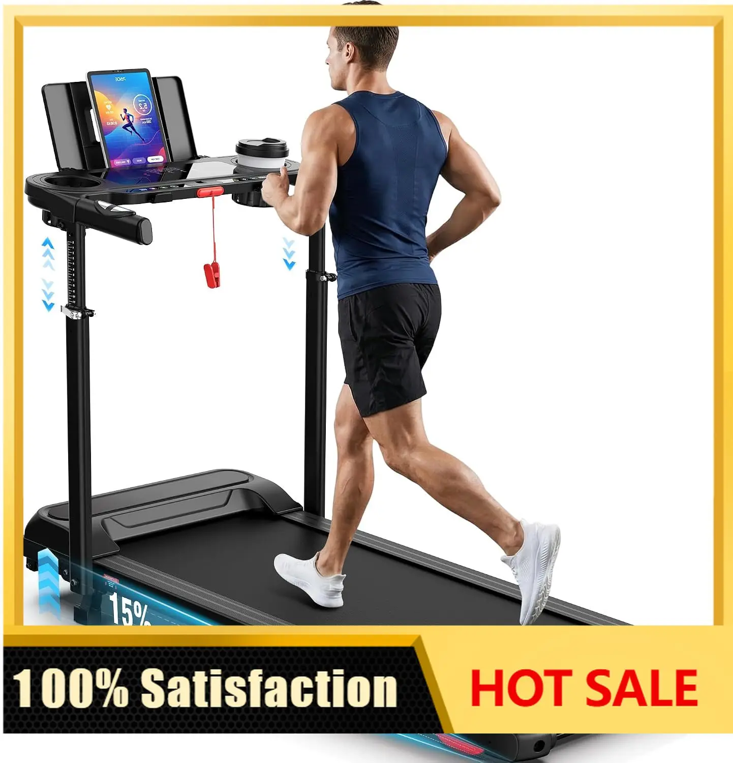 15% Incline Treadmill with Desk Workstation & Adjustable Height | Portable Treadmills for Home 450 lbs Weight Capacity, 3.5HP Qu