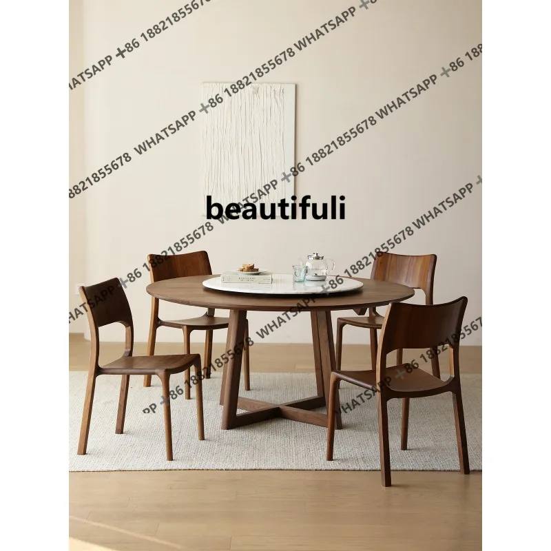 Round dining table household small apartment medium and ancient style all solid wood rock slab turntable round eating table