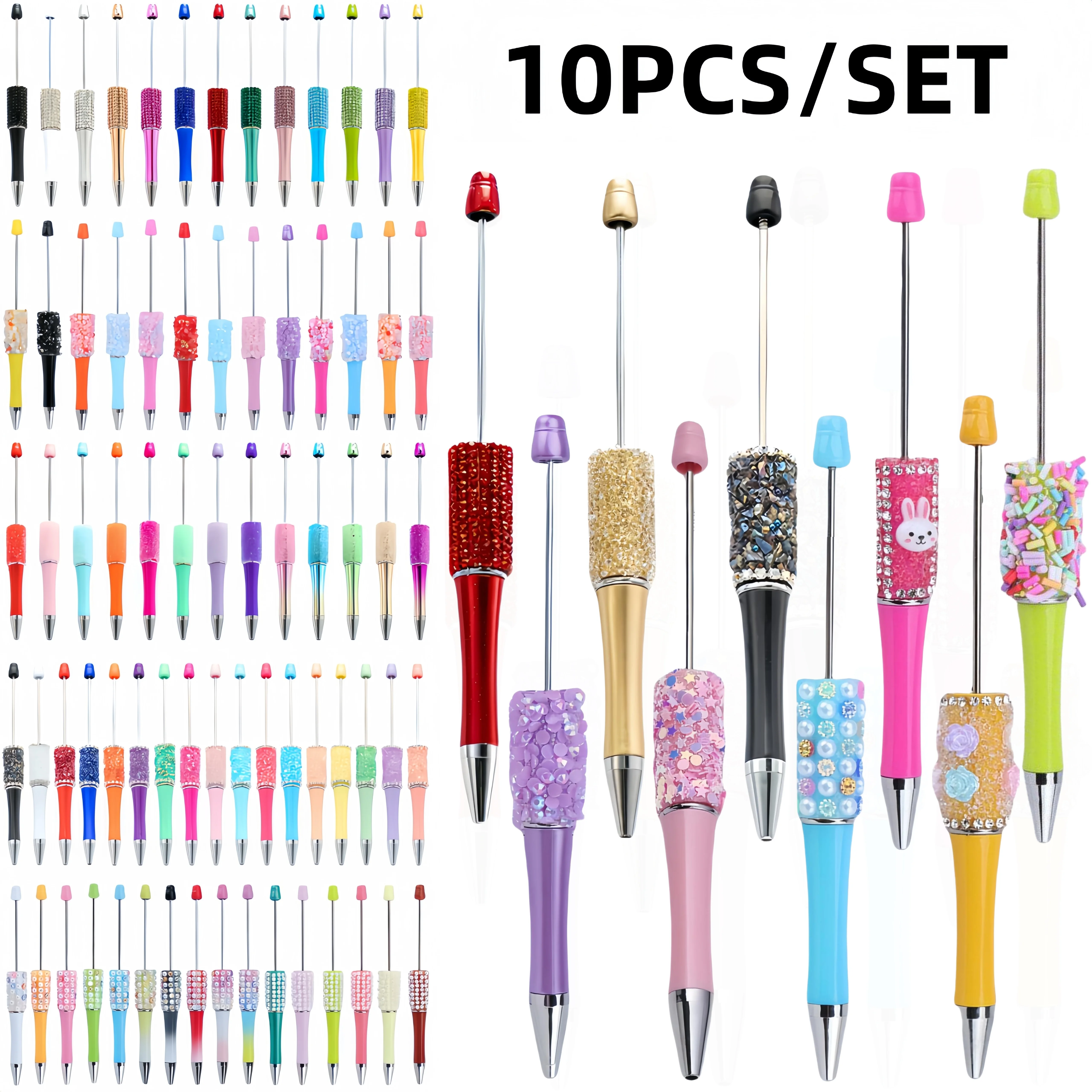 10pc New Creative Bead Ballpoint Pen Sets (Random Colors), Perfect For DIY Office And School Supplies With Colored Wooden Beads