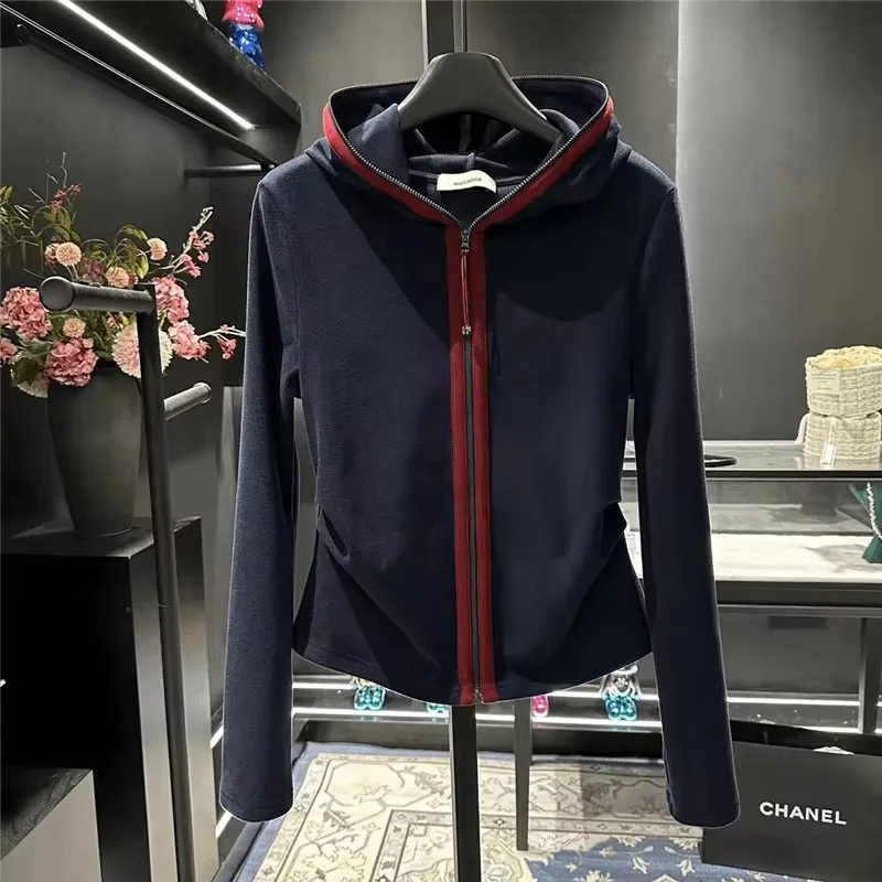 

Design Hooded Short Coat Women Fashion Contrasting Zipper Jacket Autumn Winter Long Sleeve Slim Pleated Tops Streetwear Hoodies