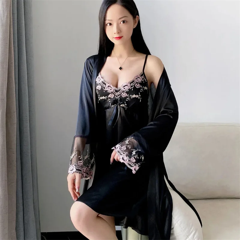 Senhoras camisola de seda gelo vestido de dormir feminino cetim renda aparada conjunto de pijama sexy aconchegante conjunto de pijama de duas peças casa wear