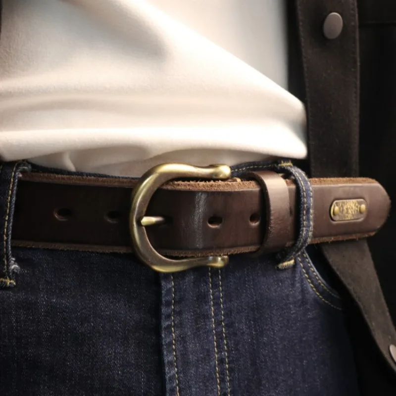 Thickened 5.5mm  saddle belt for men's retro pure handmade old copper buckle belt jeans waist belt