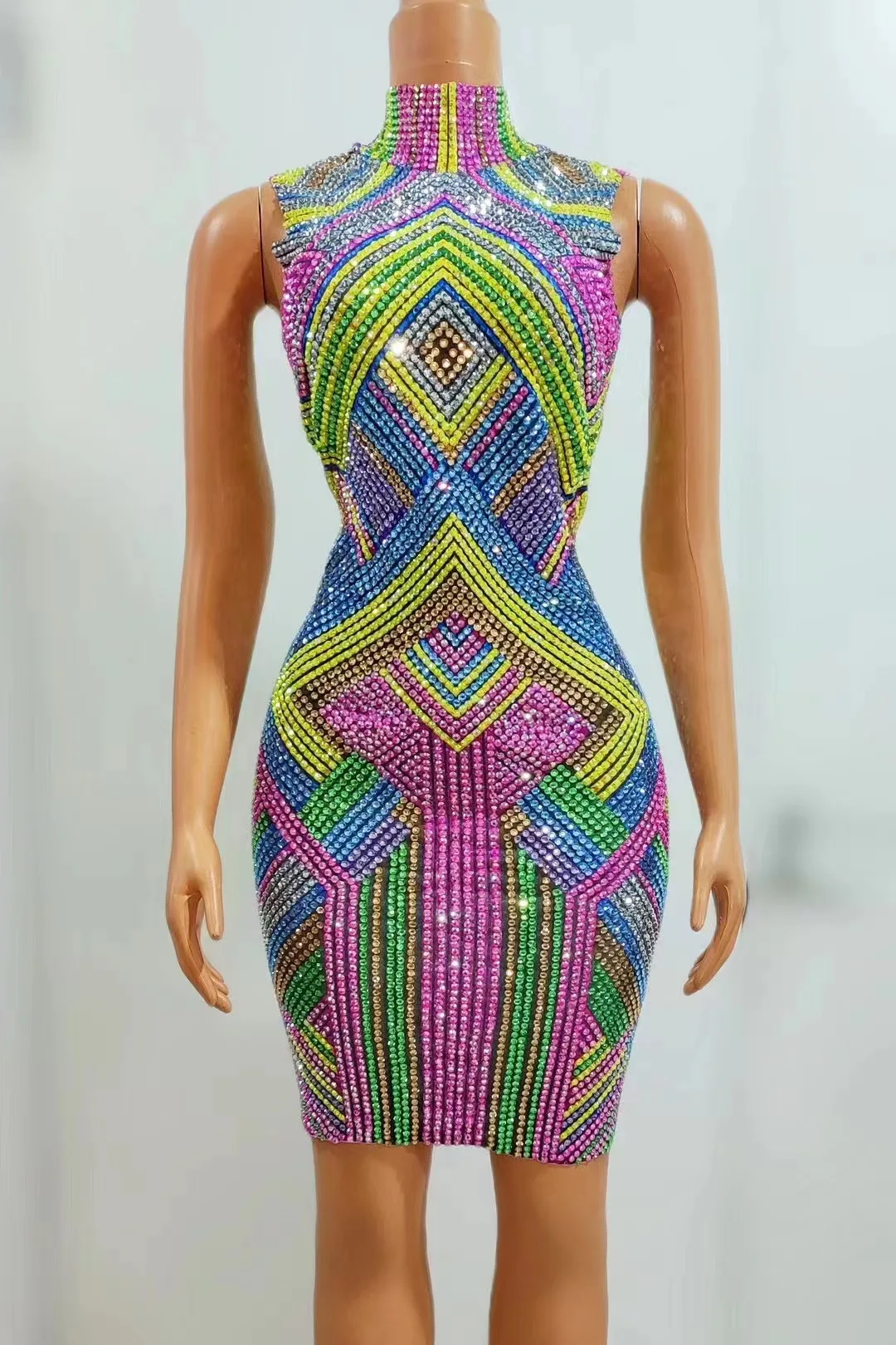 

Luxury Sparkly Colorful Diamonds Sexy Sheath Mini Dress Evening Party Nightclub Performance Costume Bar Singer Dancer Stage Wear