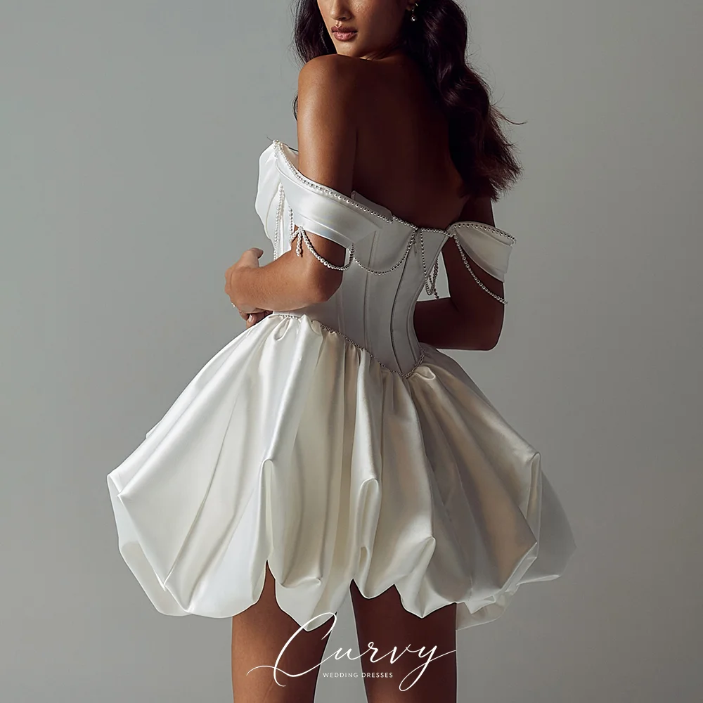 Curvy Modern Off Shoulder Satin Short Wedding Dresses for Women Corset Bridal Dress with Puff Bubble Skirt Customized