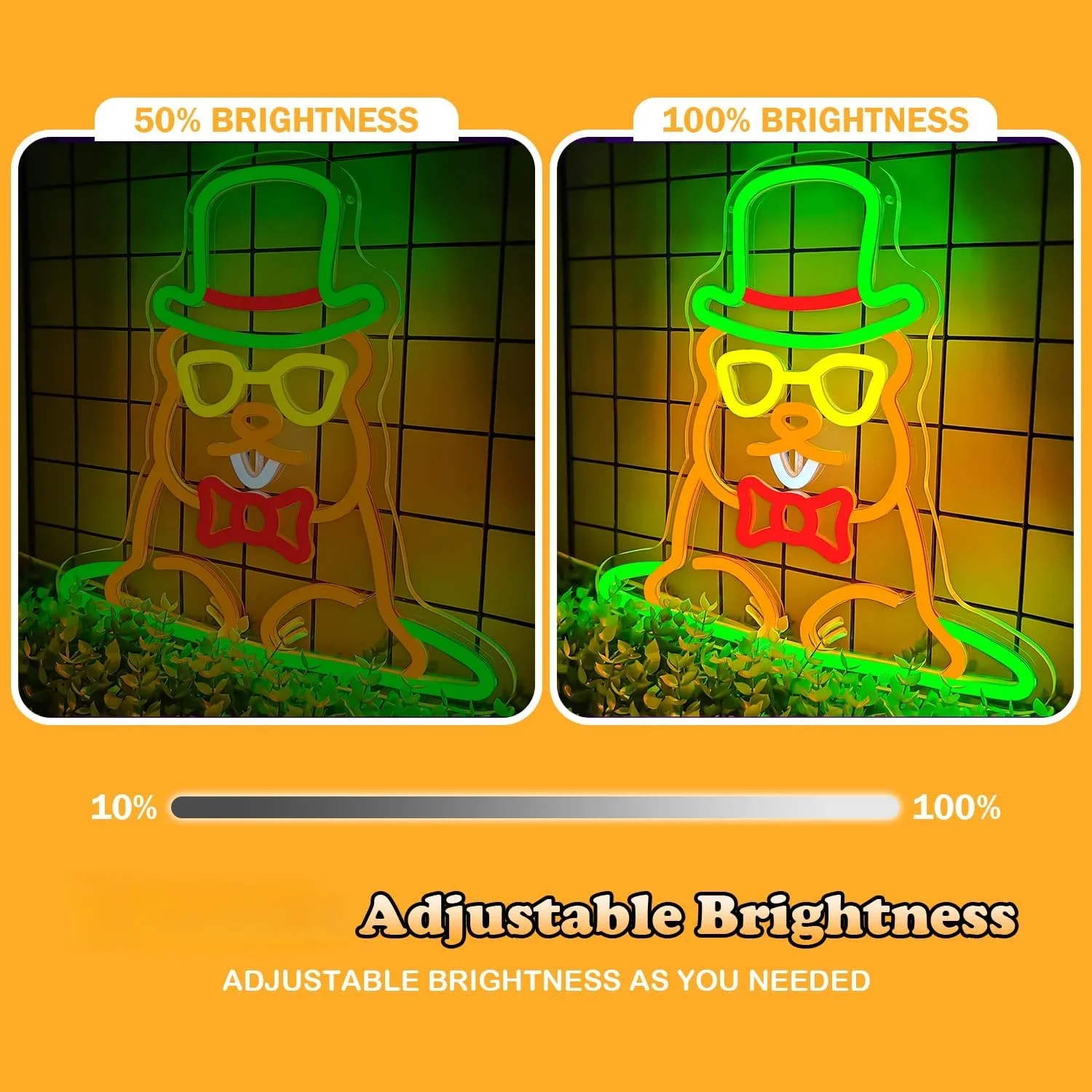 Cute Groundhog Neon Sign Green Top Hat Glasses LED Wall Art Acrylic USB Dimmable Hanging Light Funny Animal Decor for Home Party