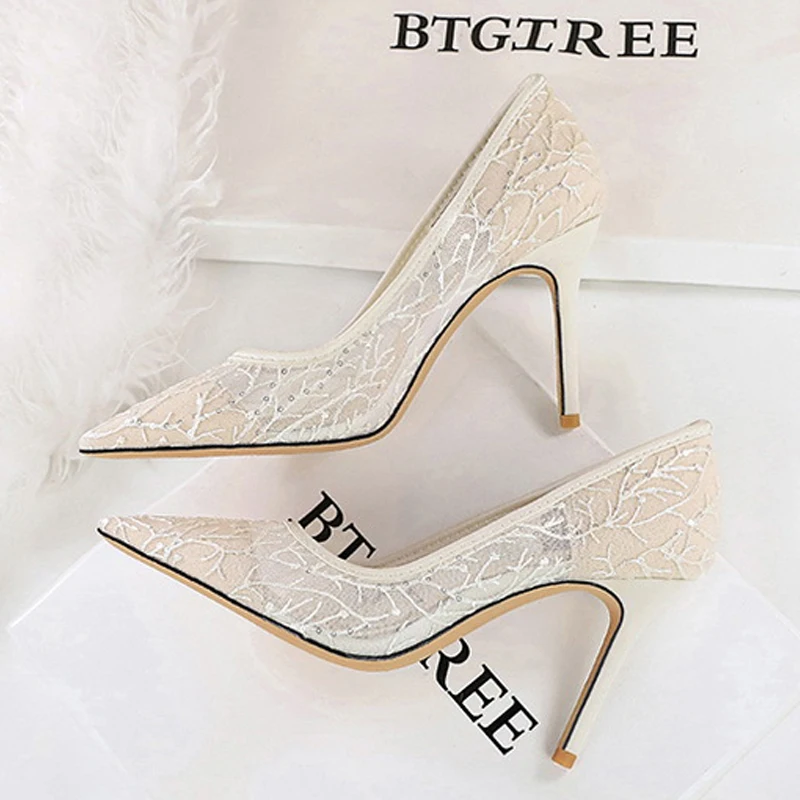BIGTREE 2027 New Spring Sexy Pumps Women's Thin High Mesh Hollowed Out Satin Lace Nightclub Pole Dancing Wedding Shoes