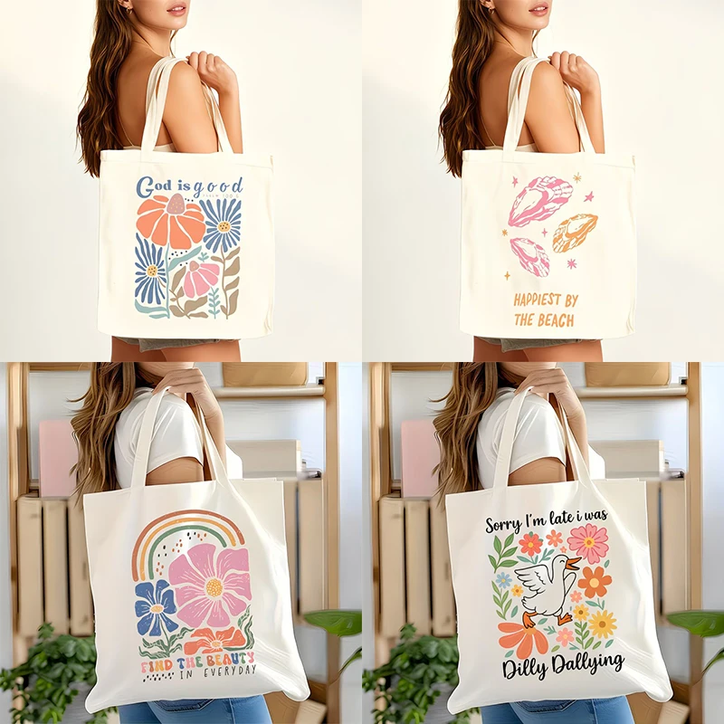 Happiest By The Beach Canvas Tote Bag Oyster Print Pastel Colors Reusable Tote for Summer Everyday Use Best Gift for Girlfiend