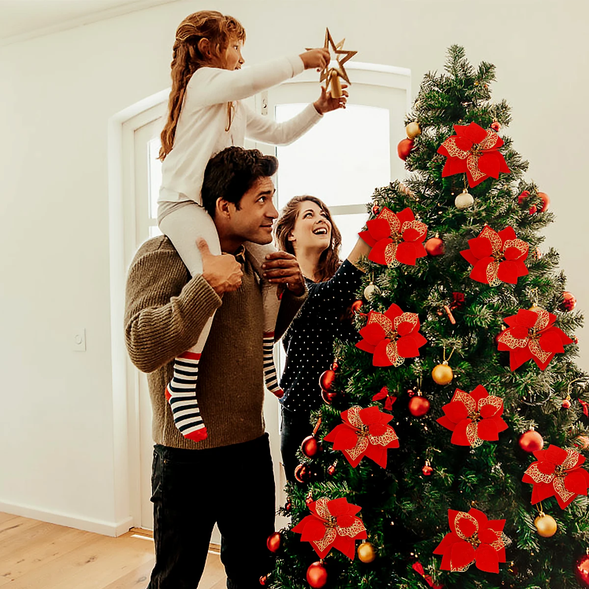 

12pcs Artificial Christmas Flowers Glitter Fake Xmas Party Decoration naments High Quality Vivid Color Christmas Tree Wreath