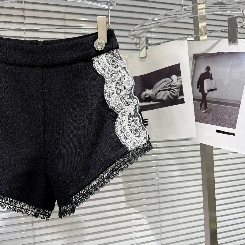 Women High Waist Lace Splicing Shorts Rhinestone Button Decor Elegant A Line Slimming Solid Color Short Pants Party 2026 New