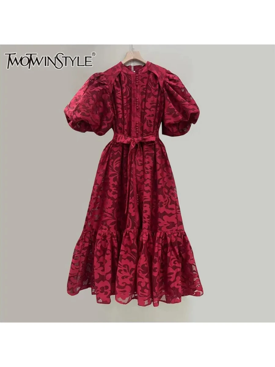 TWOTWINSTYLE Fashion Spliced Printing Dresses for Women Round Neck Long Sleeve Patchwork Bow Temperament Dress Female Style New