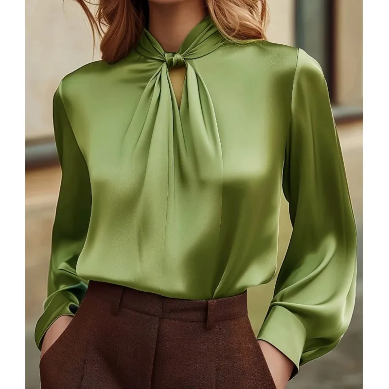 Spring Autumn Satin Blouse Women New Solid Color Hollow Stand Neck Long Sleeve Loose Elegant Office Streetwear Chic Shirt Top