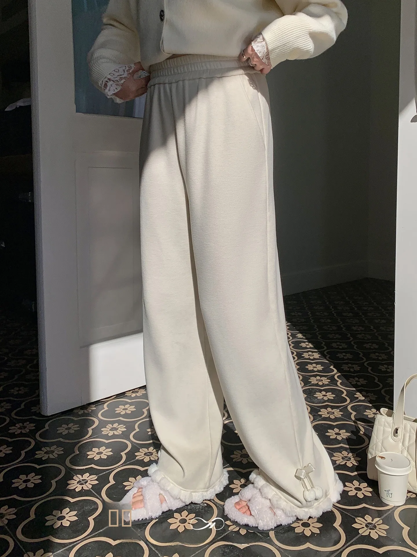 

Женские зимние брюки больших размеров с флисовой подкладкой, широкие, свободные, прямые, с узлом и кисточками, повседневные, с высокой талией