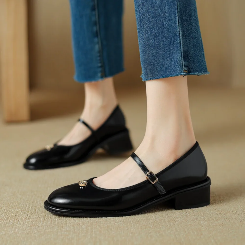 2024 New Genuine Leather Women Flat Shoes Fashion Red Ladies Elegant Mary Jane Shoes Flat Heel Casual Dress Outdoor Ballerinas