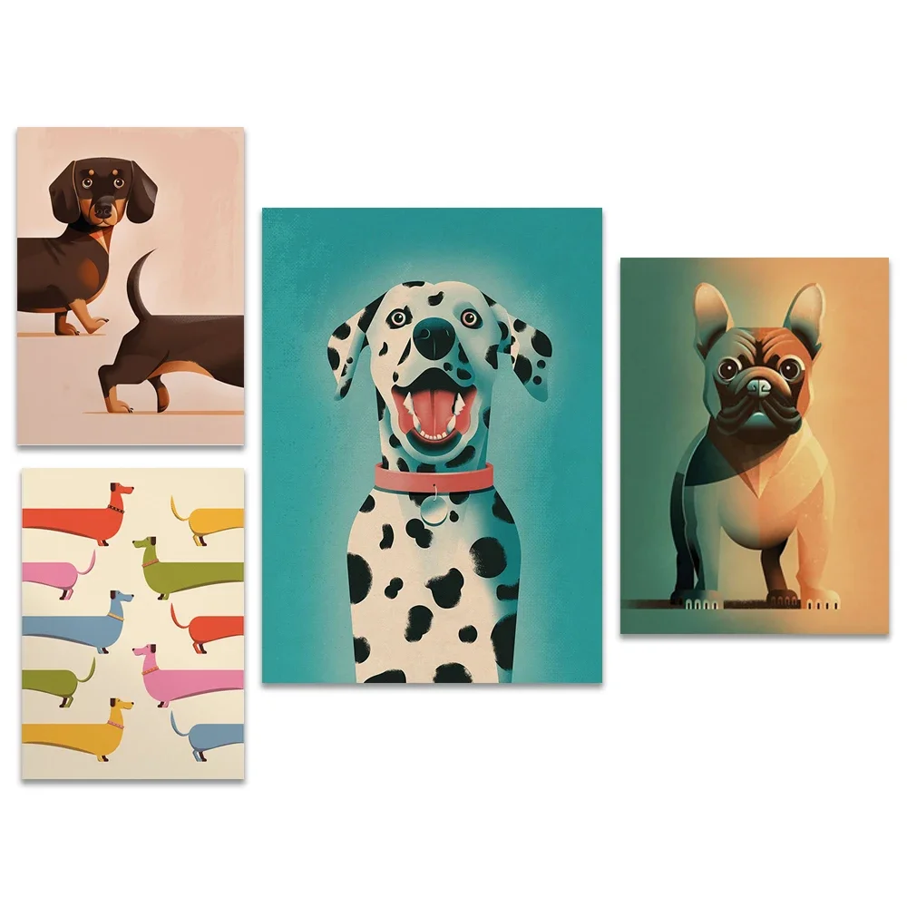 Sausage dog, dalmatian, french bulldog colorful pet print, dog breed dog portrait, vintage scandi illustration, dog poster