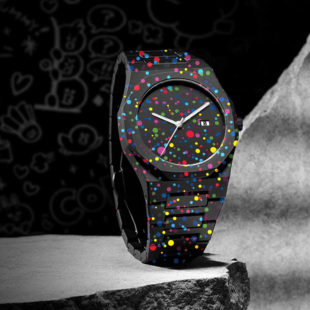 창의적인 디자인 폴리 도트 시계 남성 패션 스포츠 쿼츠 시계 컬러 페인트 시계 폴리카보네이트 방수 여성용