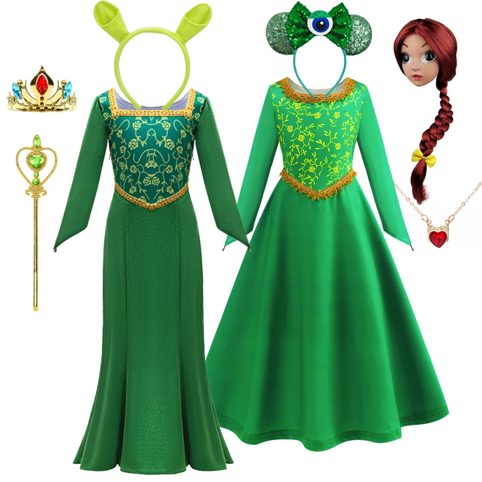 Princesse Fiona Cosplay Costume Robe pour Enfants, Tenue de Dessin Animé, Vert, Col Carré, Queue de Poisson Douce, Robe Longue, Py Play, Halloween