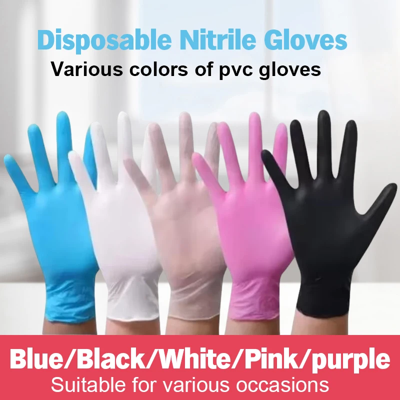 100pcs Blue/Black/White/Pink Disposable Nitrile Gloves Real Image High Elastic Nitrile Gloves for suitable for various occasions