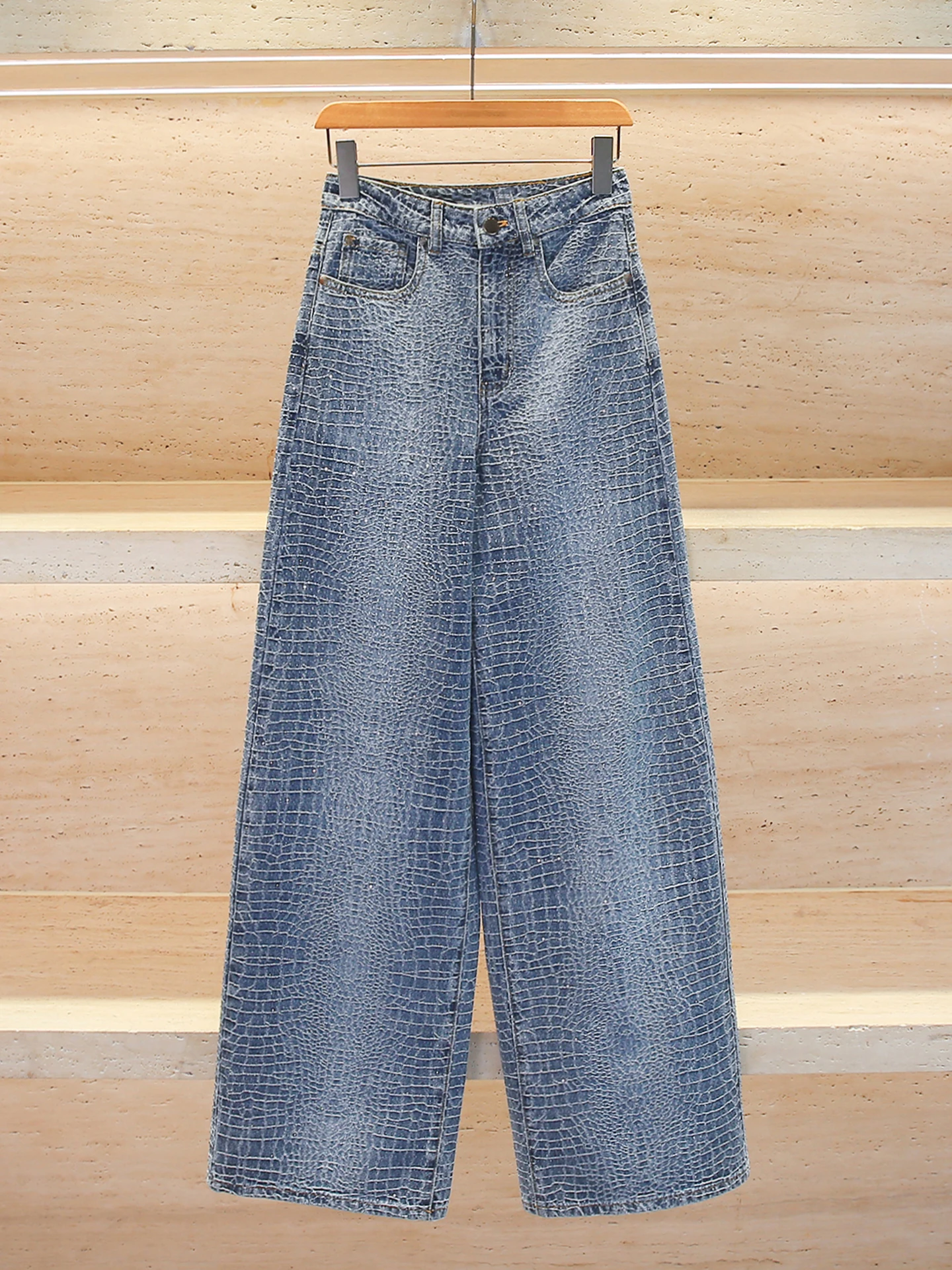High Waist Denim Jeans Women's Spring Summer Design Sense Iron Diamond Casual Wide Leg Pants Comfortable Fit Blue Color