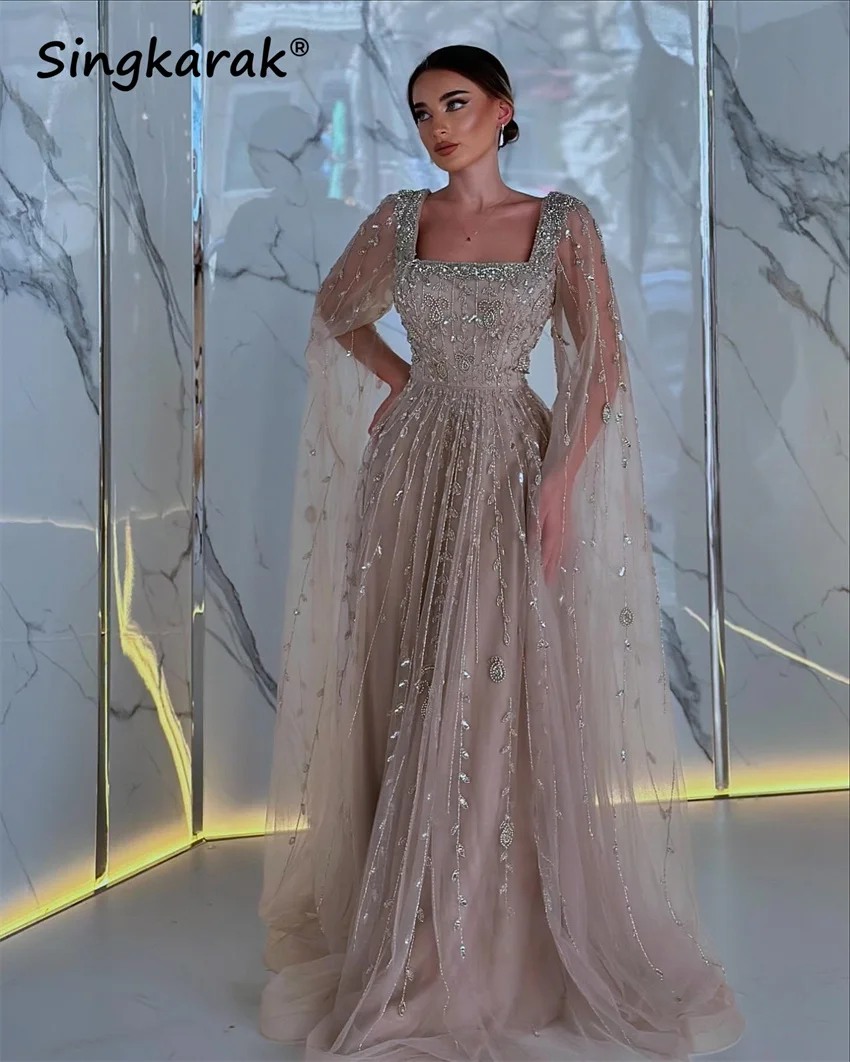 

Luxury Evening Dress With Cape Beads Crystals Birthday Party Prom Gown Kuwait Wedding Party Gown Customized