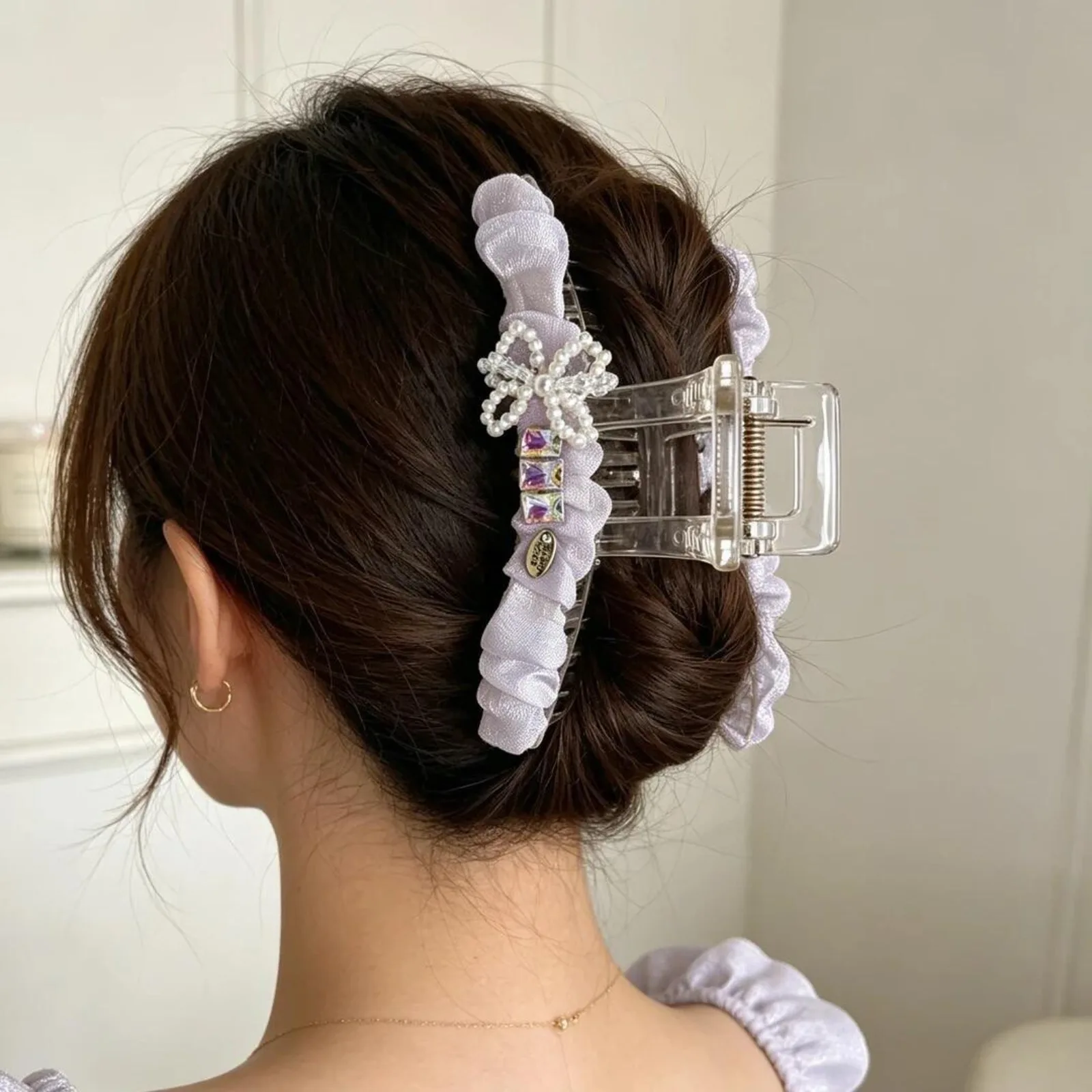 Korean Sweet Purple Hair Accessory Satin Heart Scrunchie Daisy Flower Hairpin Pearl Crystal Claw Clip for Women Hearwear Sets