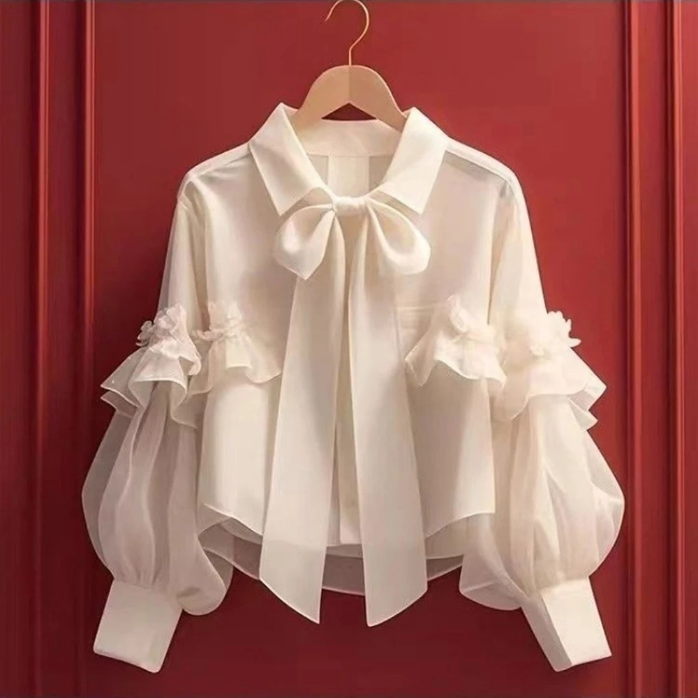 

Mia Muse Select Women's Autumn Shirts Chic Decent Solid Color Bowknot Long Sleeve Shirt Collar Gauze Office Lady Shirts