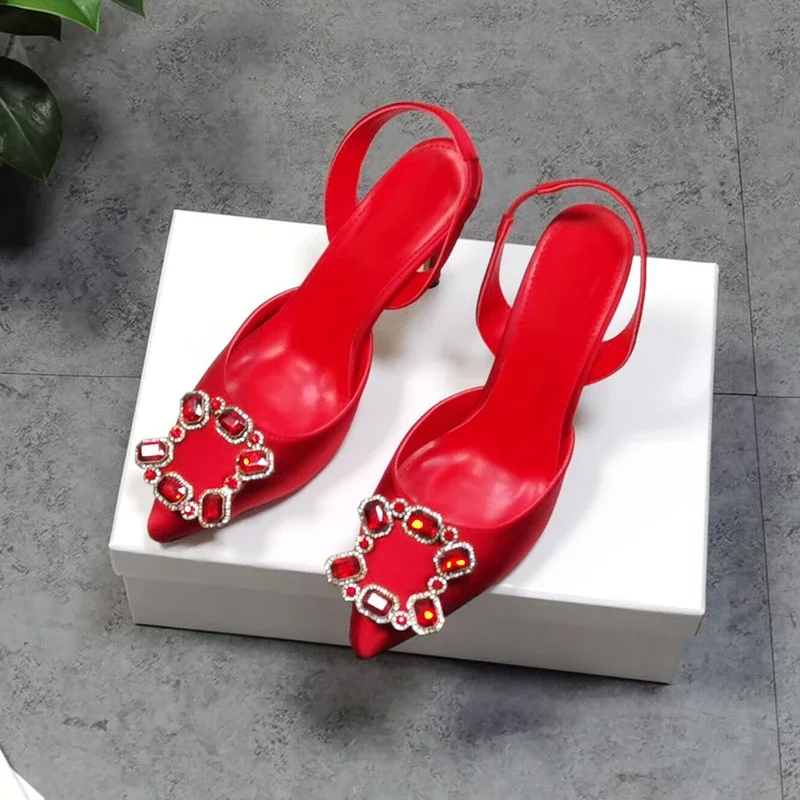 

Red Rhinestones Buckle High Heel Pumps Women New Pointed Toe Shallow Slingback Stiletto Celebrating Party Banquet Shoes