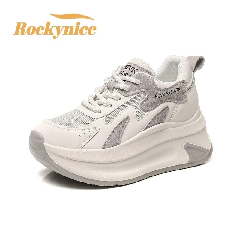 

Summer Women's Thick Bottom Breathable Genuine Leather Mesh Shoes 7CM High Platform Sport Casual Shoes Vulcanize Chunky Sneakers