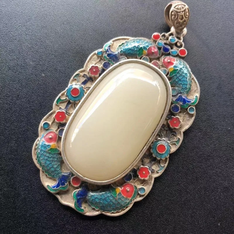 Antique Miscellaneous Vintage Old Tibetan Silver Inlaid Cloisonne White Jade Square Pendant Pendant Crafts