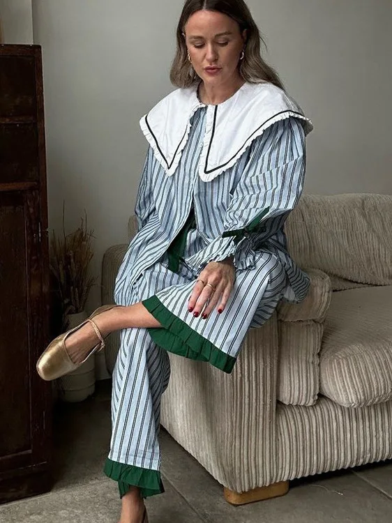 

Повседневный полосатый комплект, женский новый кукольный воротник Bell Sve, открытый кардиган, топ, длинные брюки, комплект из двух предметов, модный комплект для отдыха