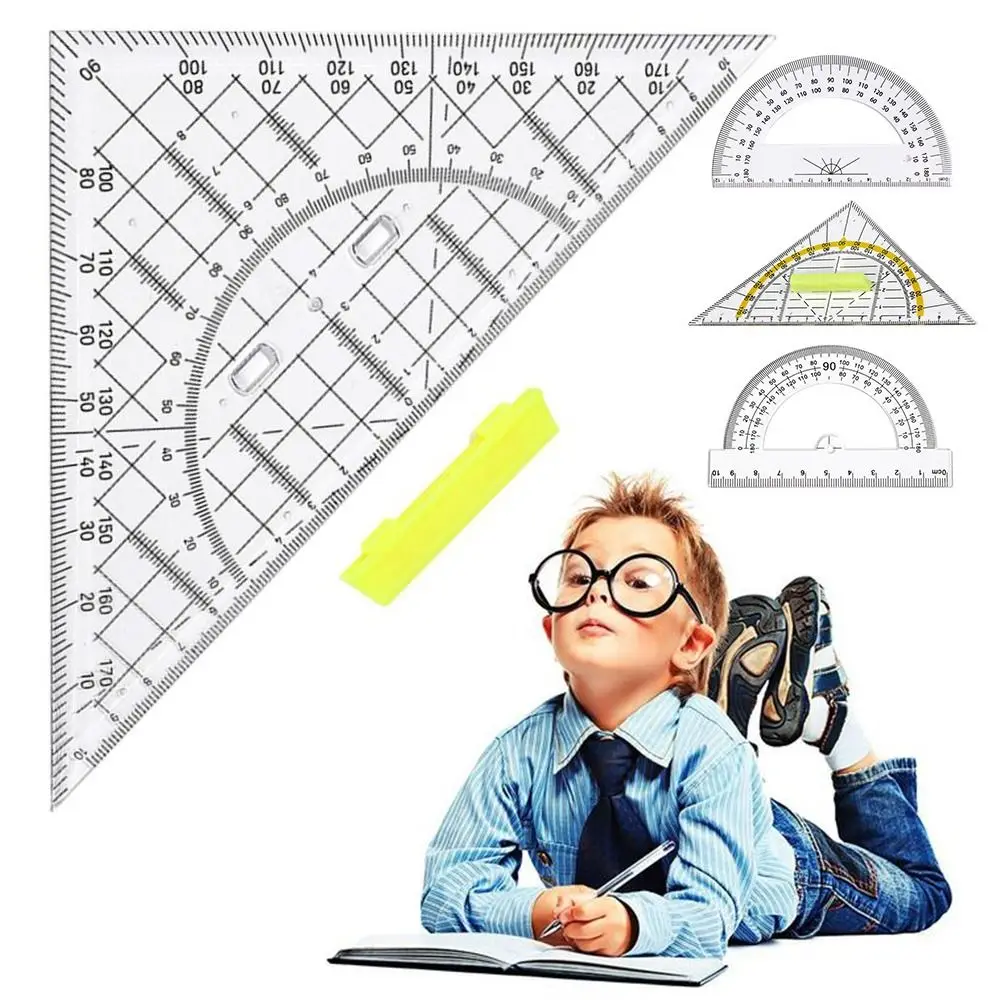 Régua Quadrada de Plástico Transparente Conjunto com Alça, Ferramentas de Elaboração Profissional, Escala Geométrica, Presente para Estudantes