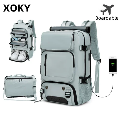 XOKY 대형 여행 배낭 탑승 가능한 배낭 USB 충전 방수 야외 여행 배낭 독립 신발 구획 8102