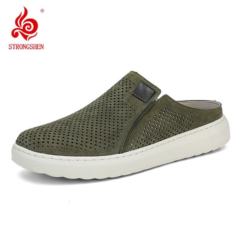 

Men's Hollow Out Mules Shoes Summer Breathable Leather Slip-On Half Loafers Casual Flat Sneakers Open Back Non-slip Slippers