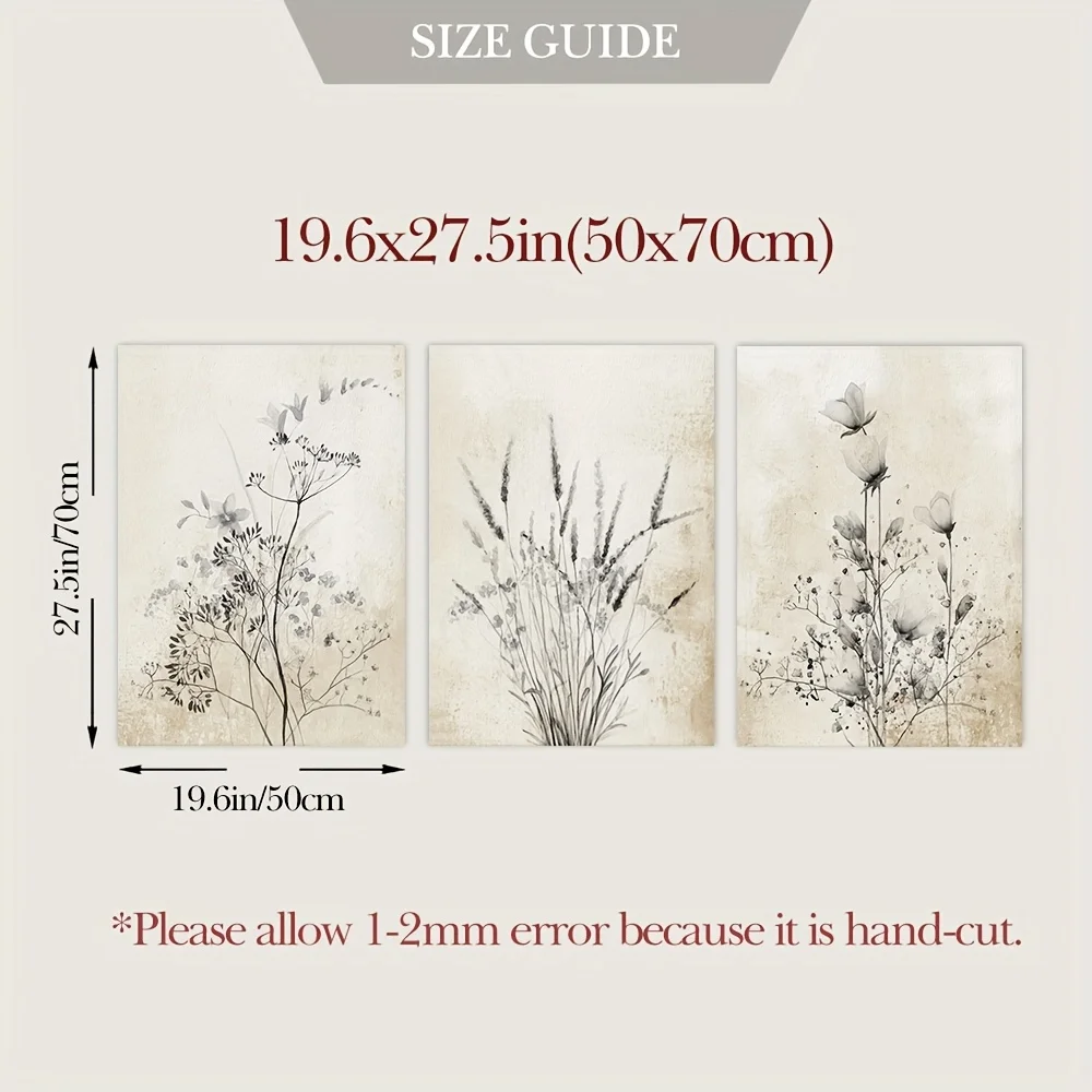 3pcs Unframed Vintage Simple Botanical Flower Canvas Art Print Line Art Black and White Wildflower Neutral Wall Decoration Flowe