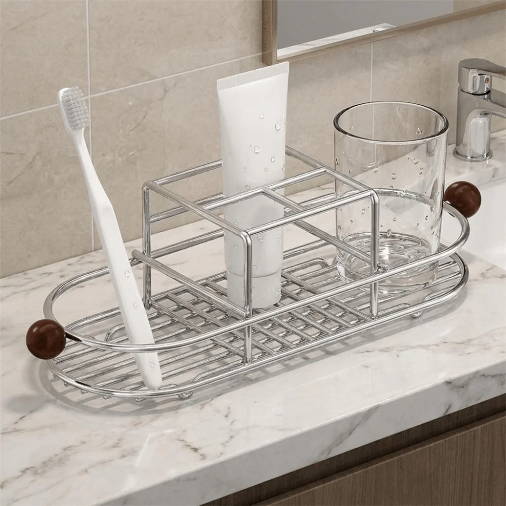 Stainless Steel Toothbrush Holder Quick Dry Waterproof Mouthwash Cup Rack Rustproof Space Saving Toothbrush Drain Rack Shower