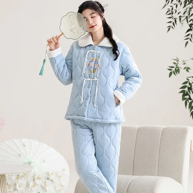 Warm Winter 3 Layers Quilted Pajamas For Women Flannel Long Sleeved Pant Sets Chinese Style Coral Velvet Women's Suit Sleepwear