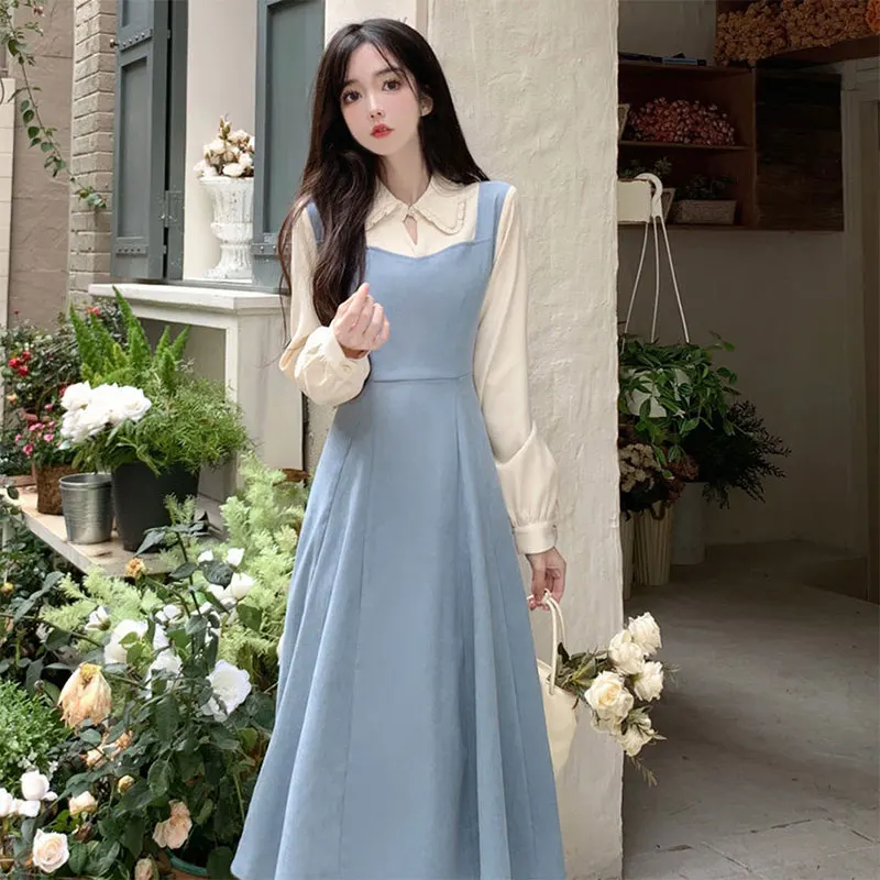 Faux Deux Pièces à Manches sulfet Col Carré pour Femme, Vêtement Décontracté, Jupe Assortie, Patchwork, Couleur Unie, Élégant, à la Mode, Harajuku