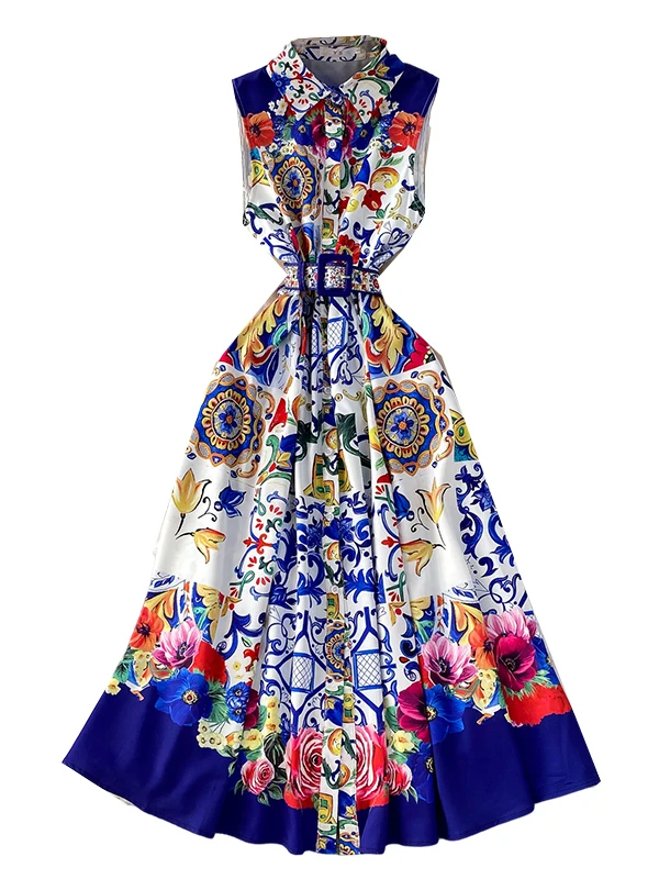 Retro Floral Print Turn-down Collar Svel Dr Women's Waist-cinching Slimming Long Satin A-line Dr for Parties