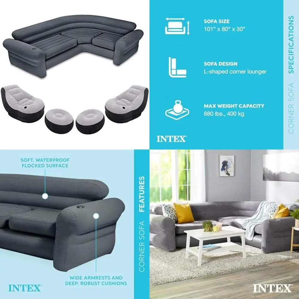 

Inflatable Corner Sofa Set with 2 Ultra Lounge Chairs and Ottomans, Indoor, Cupholders, 2-in-1 Valve, Supports 880lb/220lb