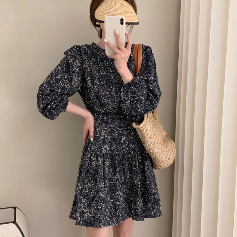 Slimming Floral Print Vintage Dr Women's High Waist A-Line Skirt Long Sve Bubble Sve Commute Sle Mid-Length Dr