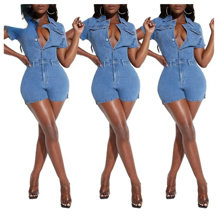 

Denim Bodycon Casual Shorts Jeans Overall Fashion Short Sleeve Spilt Rompers