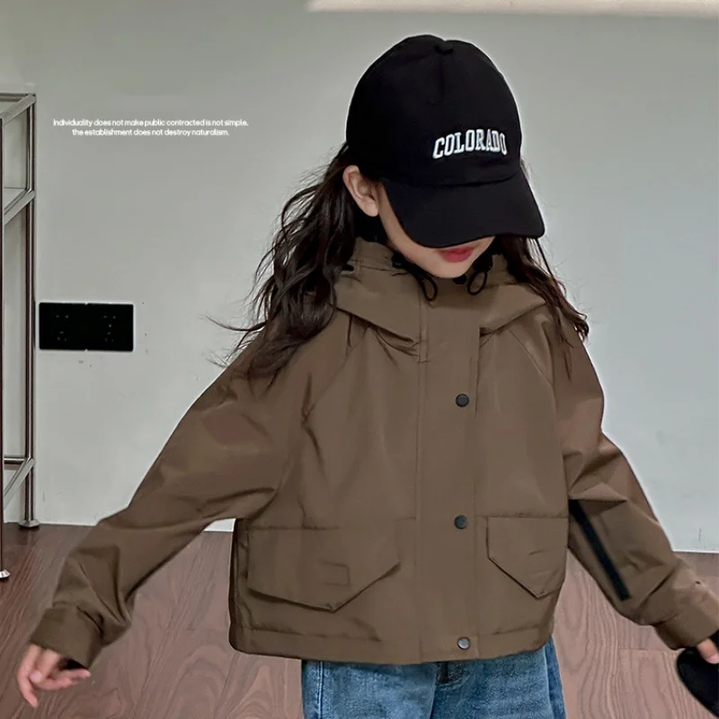 Girl's Jacket Children's Fashion Coat Spring Hooded Windbreaker New Kids Zipper Punching Trench Autumn Warm Casual Outerwear