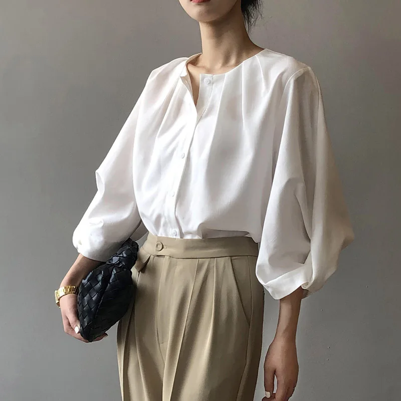 Spring Autumn Vintage Lantern Sleeve Women's White Blouse 2025 New Single Breasted O-neck Casual Loose Office Shirts Tops Female