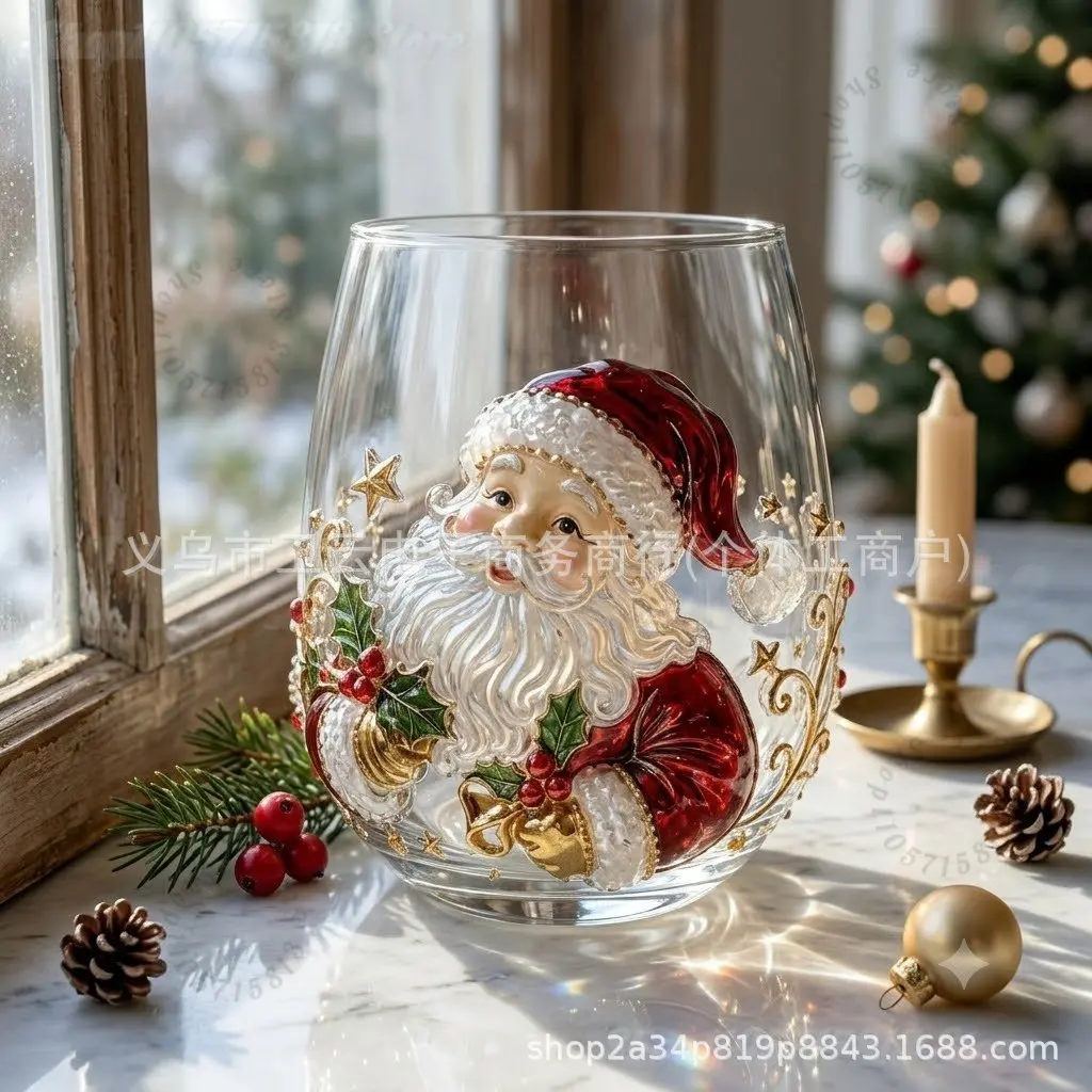 3D Christmas Glass Art Cup,Santa Snowman Reindeer Tree Drinking Glasses Christmas Wine Glasses, 3D Glass Cup for Christmas Gift