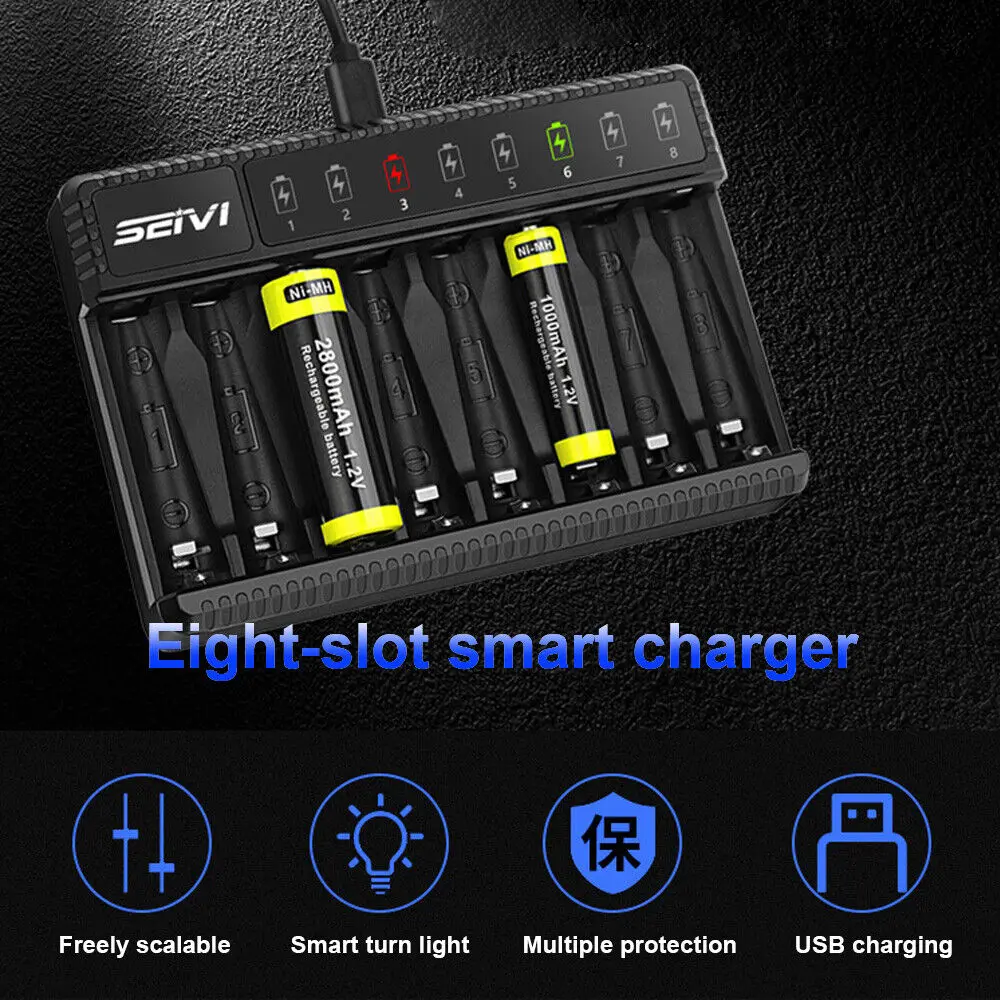 Smart Battery Charger 600mA*8 Slot LED Display USB Battery Charger for AA/AAA 1.2V NiMH Rechargeable Batteries