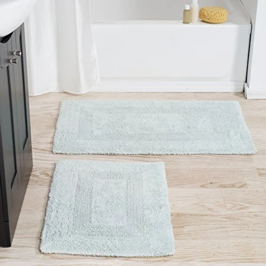 Cotton Bath Mat Set- 2 Pcs 100 Percent Cotton Mats- Reversible, Soft, Absorbent and Machine Washable Bathroom Rugs By