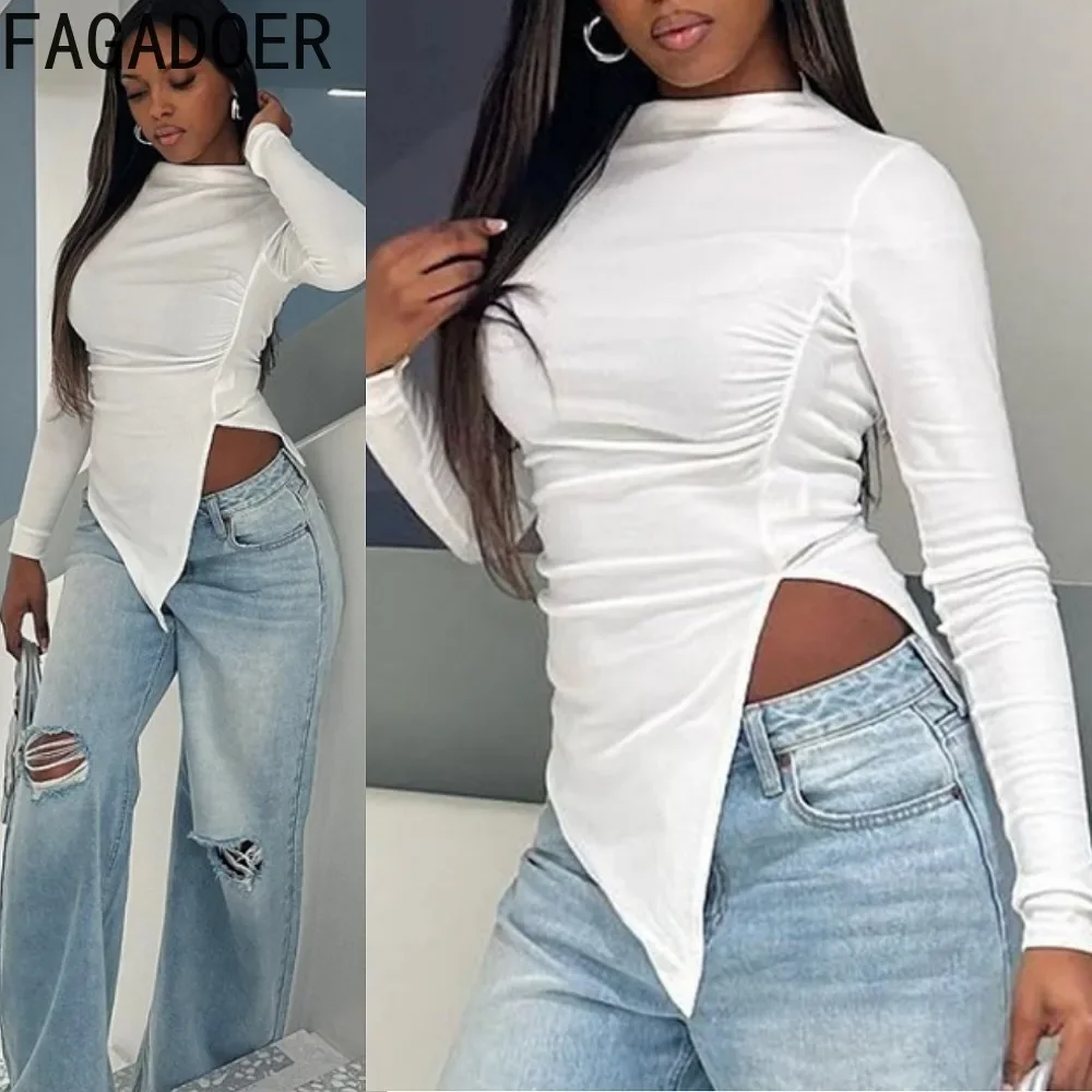 

FAGADOER Women White Ruched Irregular T-Shirts Sexy O-Neck Long Sleeve Tops Fashion Party Club Tees Y2k Streetwear Autumn New