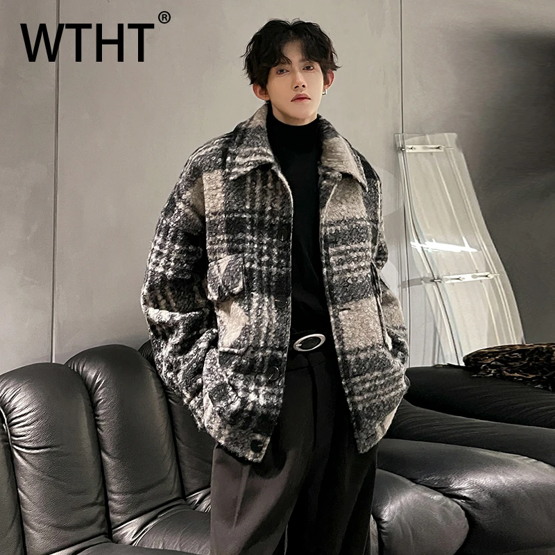 

WTHT модные мужские свободные пальто в клетку с большими карманами, модные однобортные куртки в корейском стиле, мужские осень 2023, 2A2172