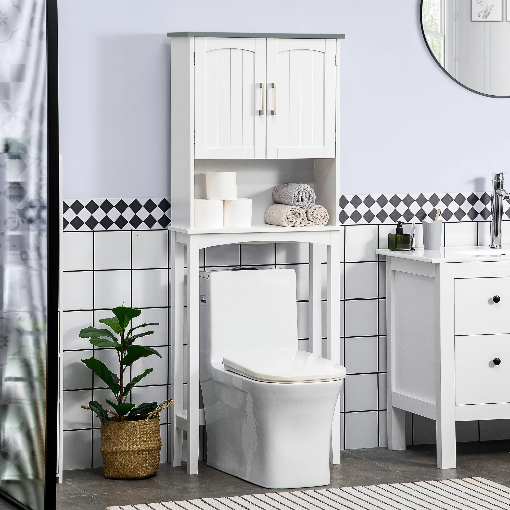 Kleankin Modern over the Toilet Storage Cabinet, Double Door over Toilet Bathroom Organizer with Adjustable Shelf and Open Shelf