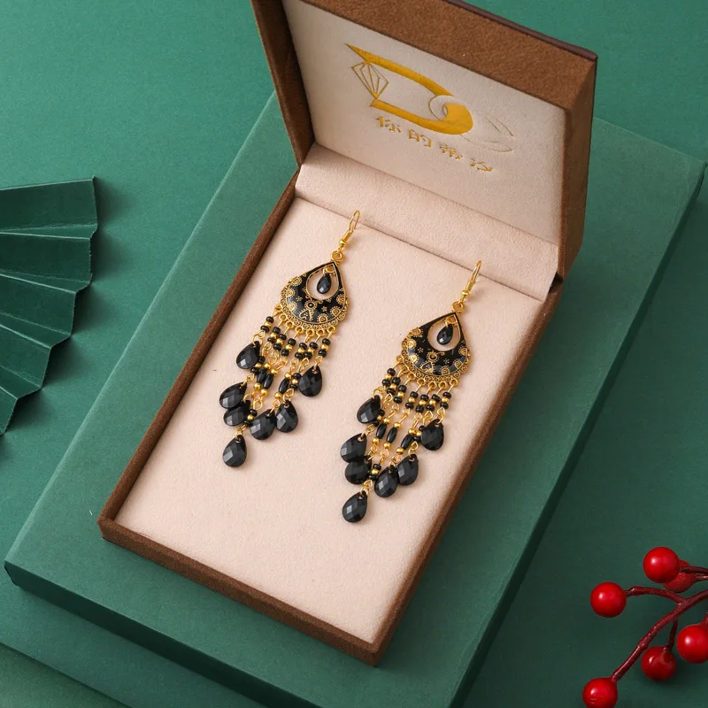 Böhmische lange Acryl-Wassertropfen-Quasten-Ohrringe für Frauen, ethnische mehrfarbige Perlen, Tropfenöl, handgefertigte baumelnde Ohrringe, Boho-Schmuck – Detail 13