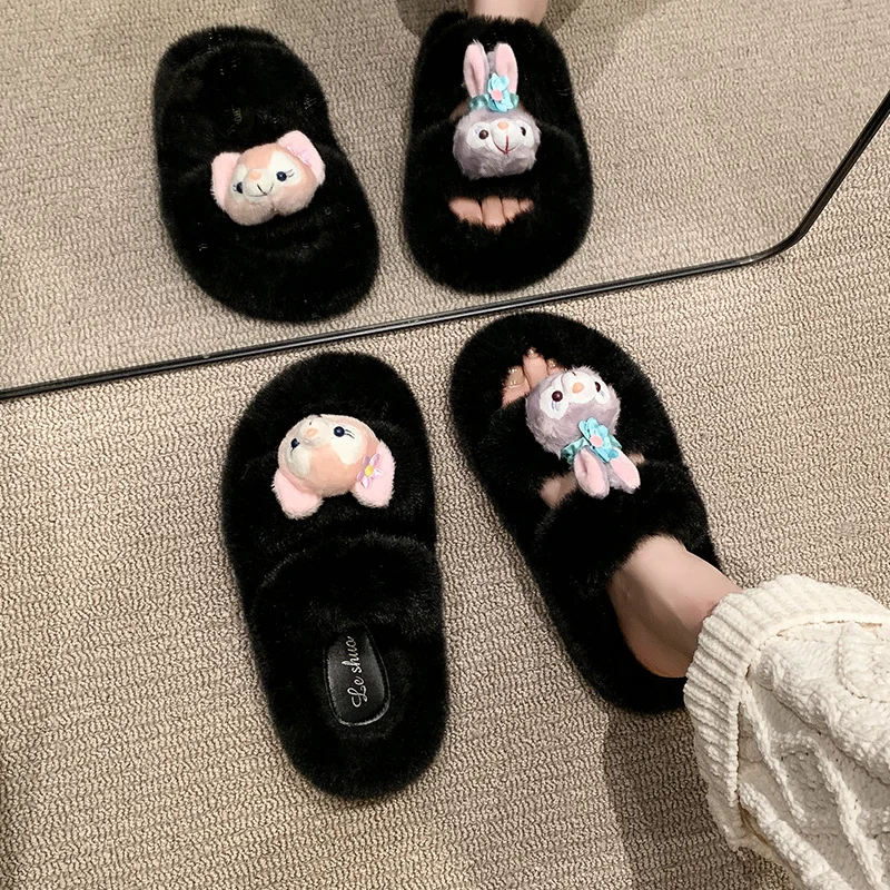 Disney Winter Star Dailu Cute Warm Home Women's Shoes Lingna BelleCartoon Height Increase Non-slip Fashion Plush Cotton Slippers